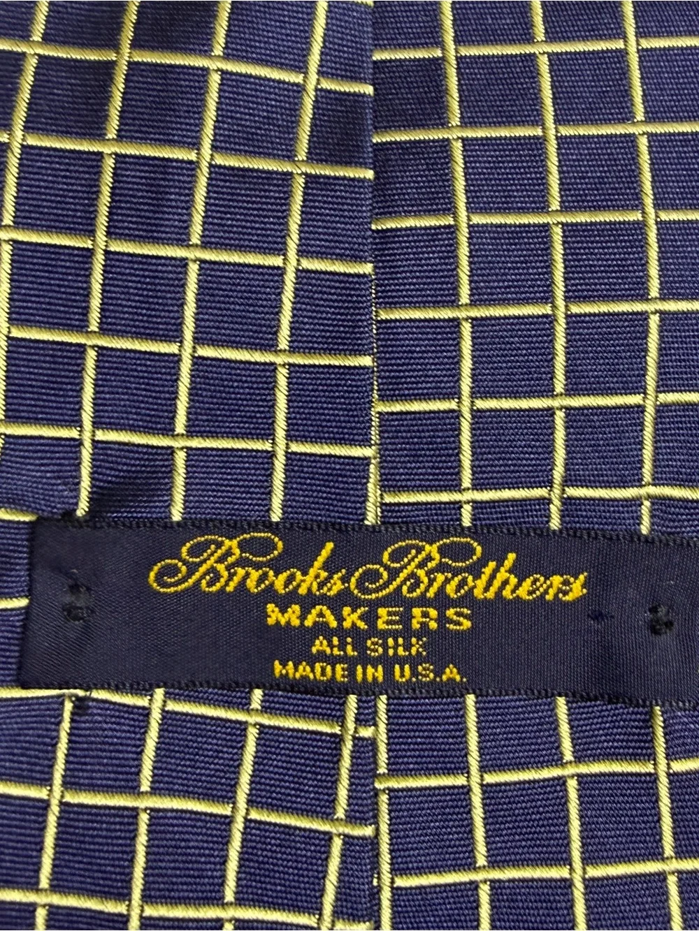 Brooks Brothers Makers Neck Tie Navy with Yellow Grid Silk Made in USA